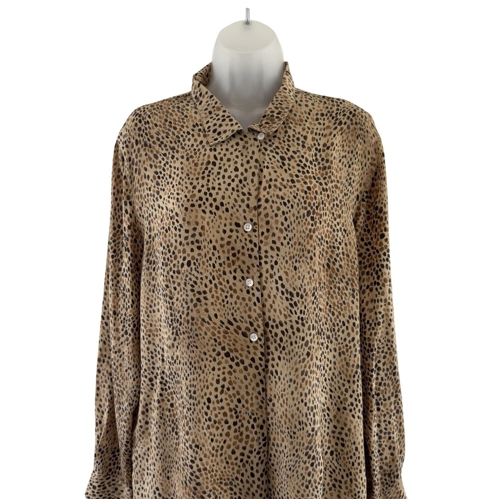 Vintage Talbots Shirt Womens 18 Brown Leopard Print 100% Pure Silk Button Up
